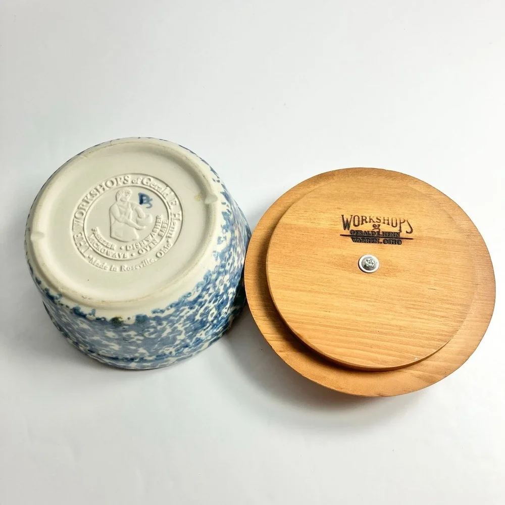 Workshops of Gerald Henn, Roseville Blue Spongeware Butter Dish with Wooden Lid